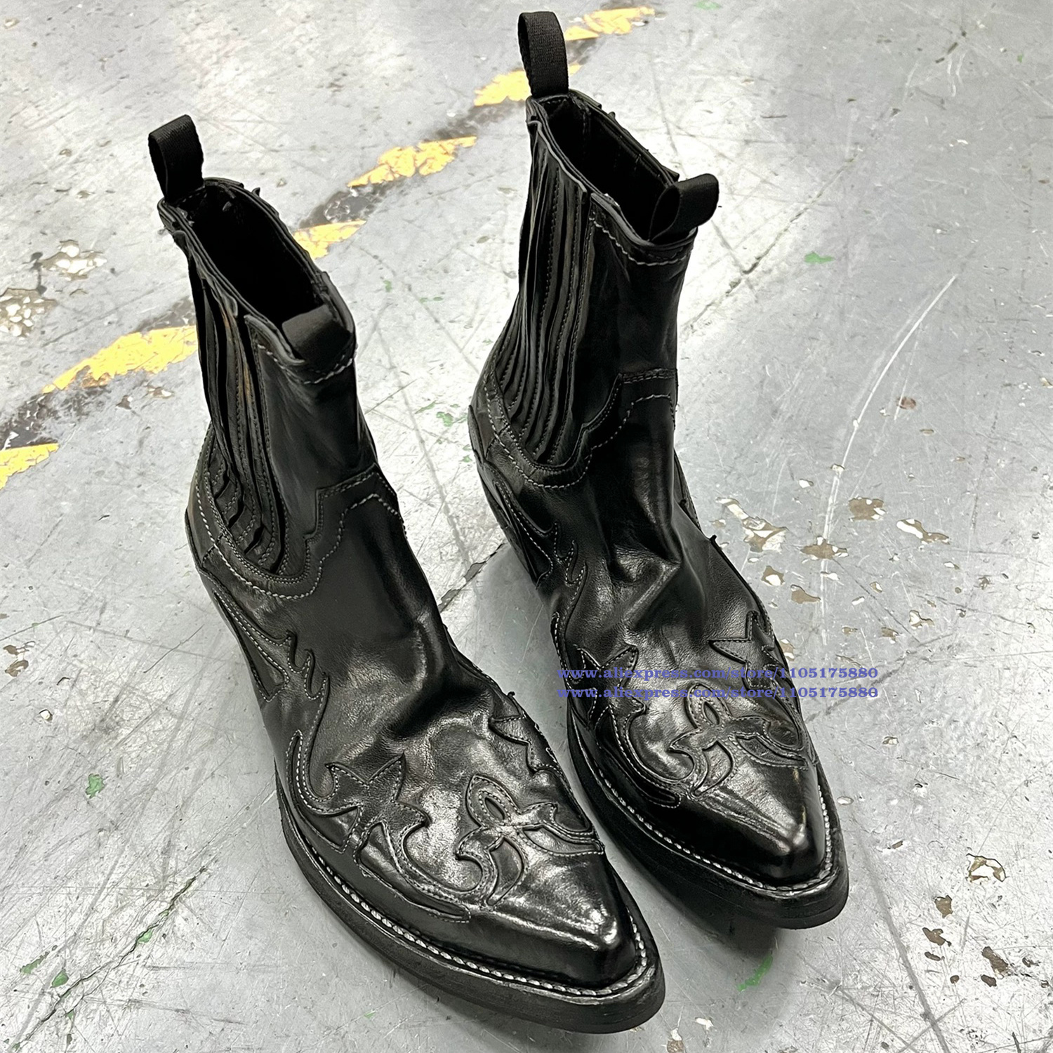 Men Shoes Classic - Embroidered Chelsea Boots Black Leather Men's